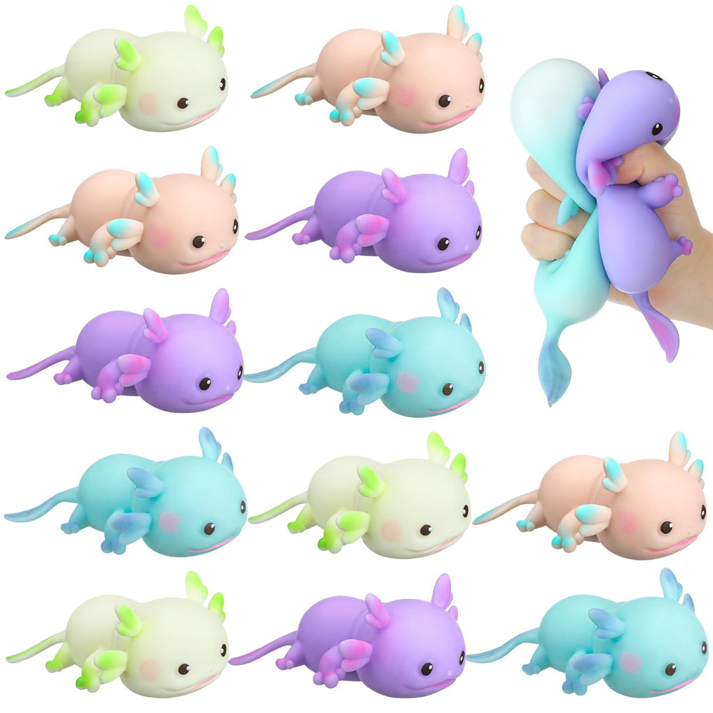 Meooeck 12 Pcs Stress Relief Toys Mini Animal Toys for Stress Relief Cute and Fun Stress Toys for Birthday Christmas Office Stocking Stuffer Gift(AxolotlGlittery Material)