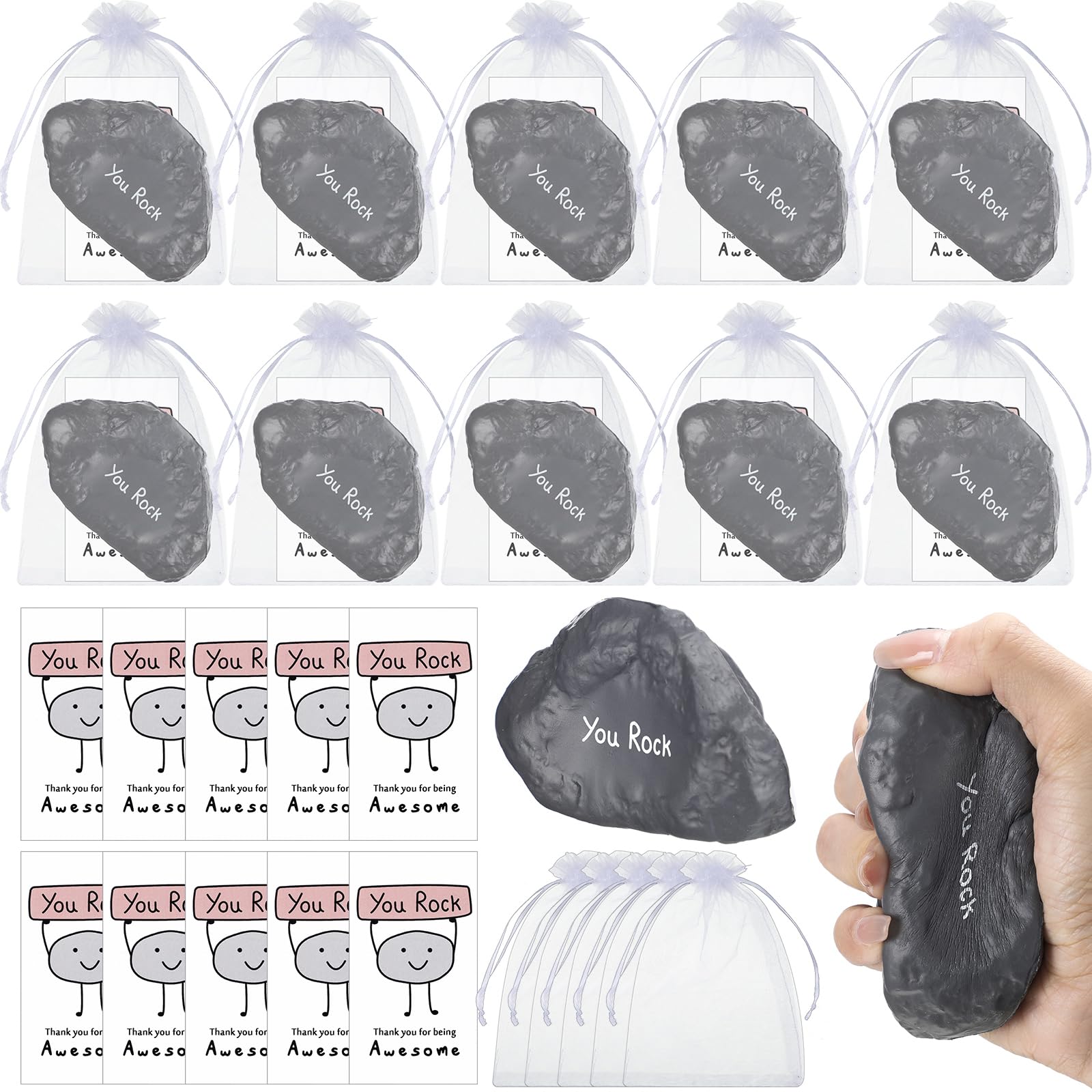 Gemscream Inspirational Stress Foam Stone Bulk Stress Balls Motivational Stress Relief Ball Appreciation Gifts with Card Organza Bag Thank You for Being Awesome Gifts 4 Inch(20 SetStone)