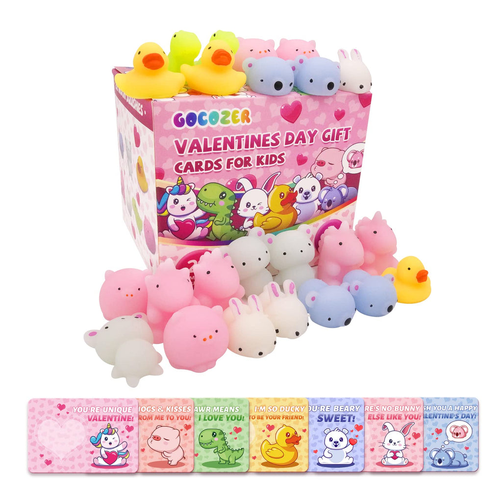 28Pack Valentines Day Gifts Cards for Kids with Kawaii Animal Mochi Squishy to Squeeze Toys Gocozer Cute Mini Squishies Valentines Day Exchange Prizes Gifts Party Favor Toys Set